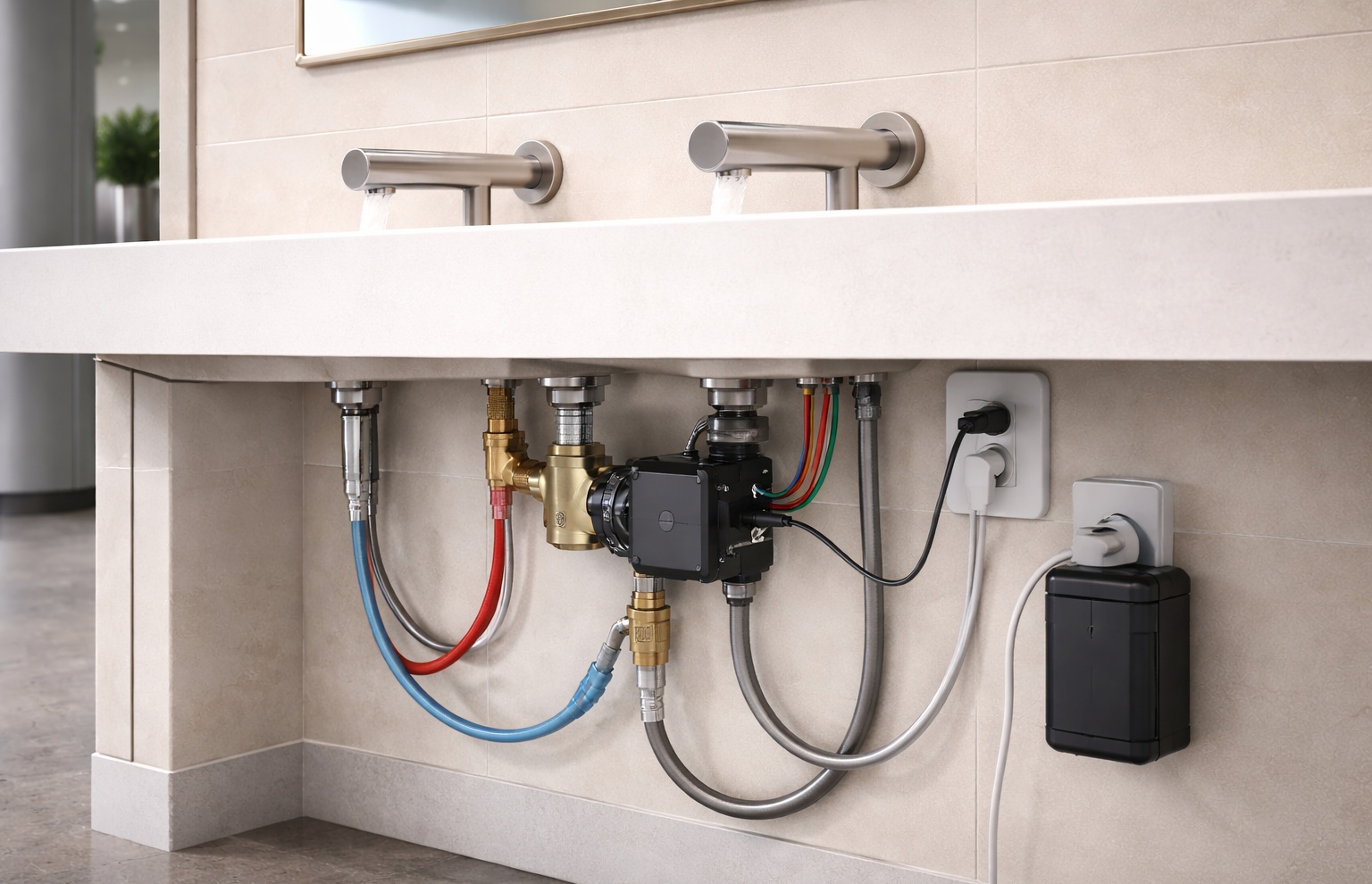 Commercial airport touchless faucet installation